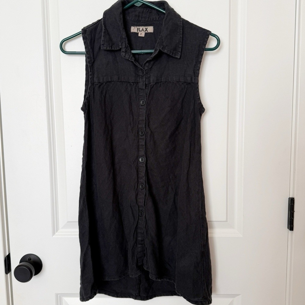Flax Black Linen Button Tank Top Size 4-6 Lagenlook Neutral Everyday Minimalist